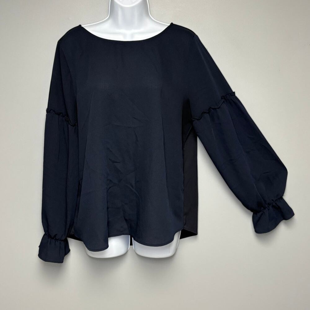 Ann Taylor Semi Sheer Preppy Ruffle Puff Sleeve Navy Blouse Sz L